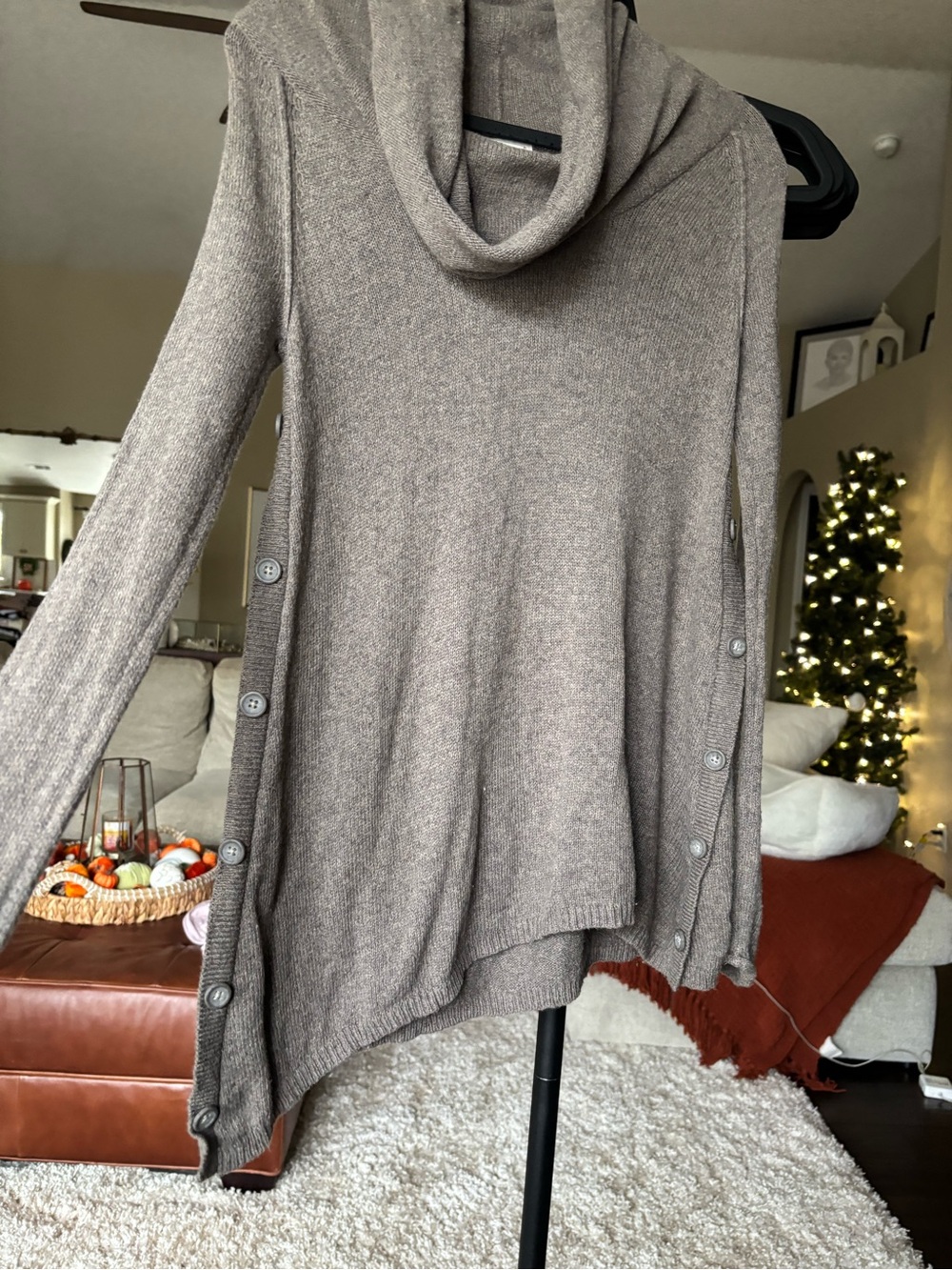 ruby moon Taupe Cowl Neck Button-Side Knit Sweater